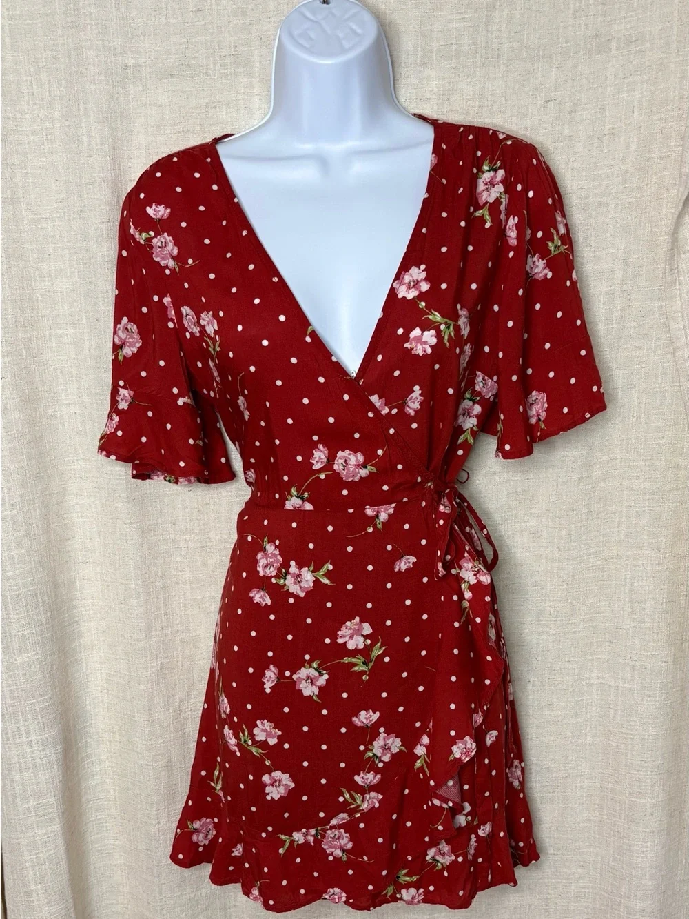 Show Me Your Mumu Matilda Red Floral Polka Dot Wrap Mini Dress Small